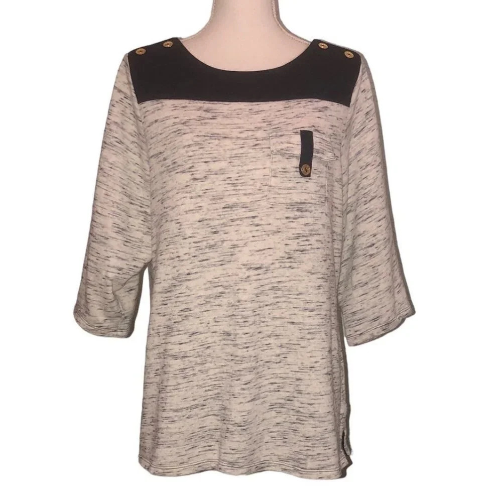 Charter CLUB Sz 2X Women's Plus Size Gray & Navy Blue 3/4 Sleeves Nautical Top